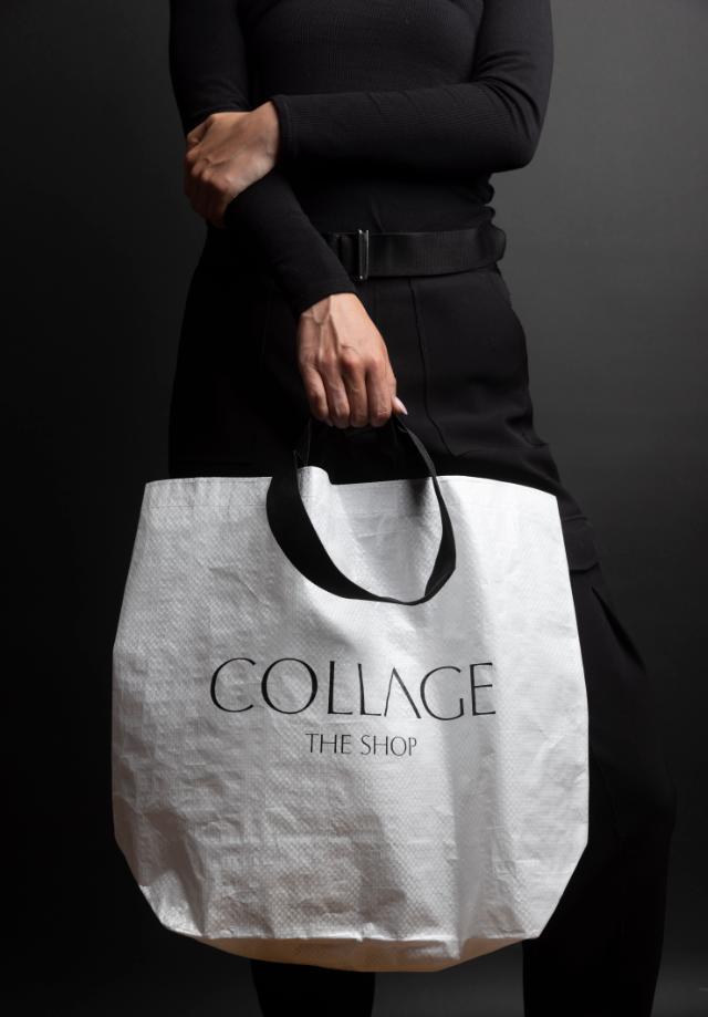 Collage-PP-Tasche - getragen von einem Mädchen in schwarzem Shirt und schwarzer Hose